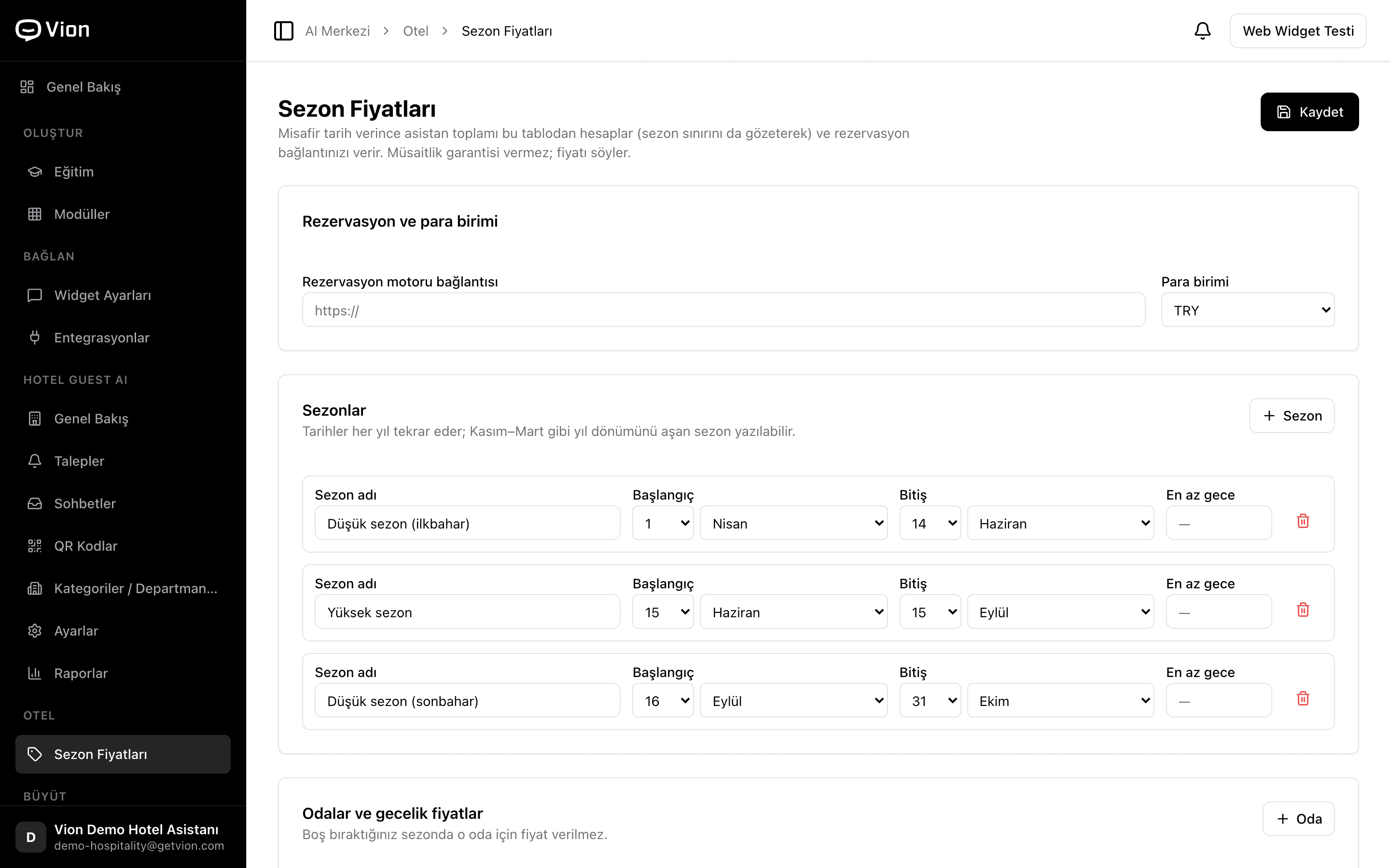The seasonal rates screen: seasons and nightly prices per room live here. When a guest gives dates, the assistant works out the total from this table and hands over your booking link; it never promises availability.
