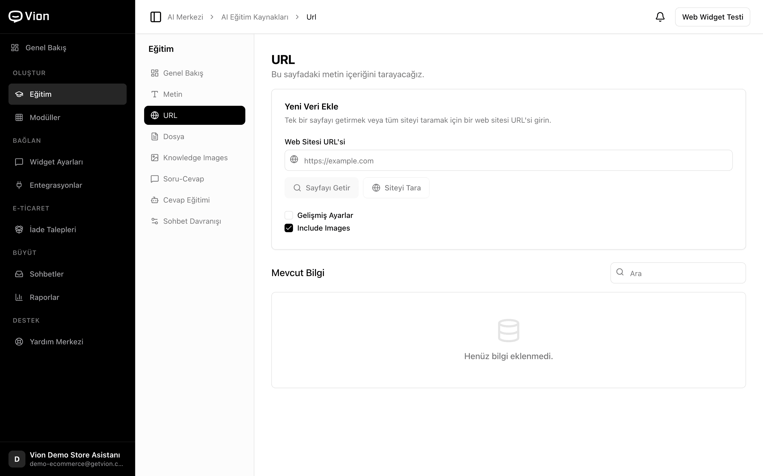 The training screen: you give the store's own address and the assistant fetches the page, or crawls the whole site to learn it.