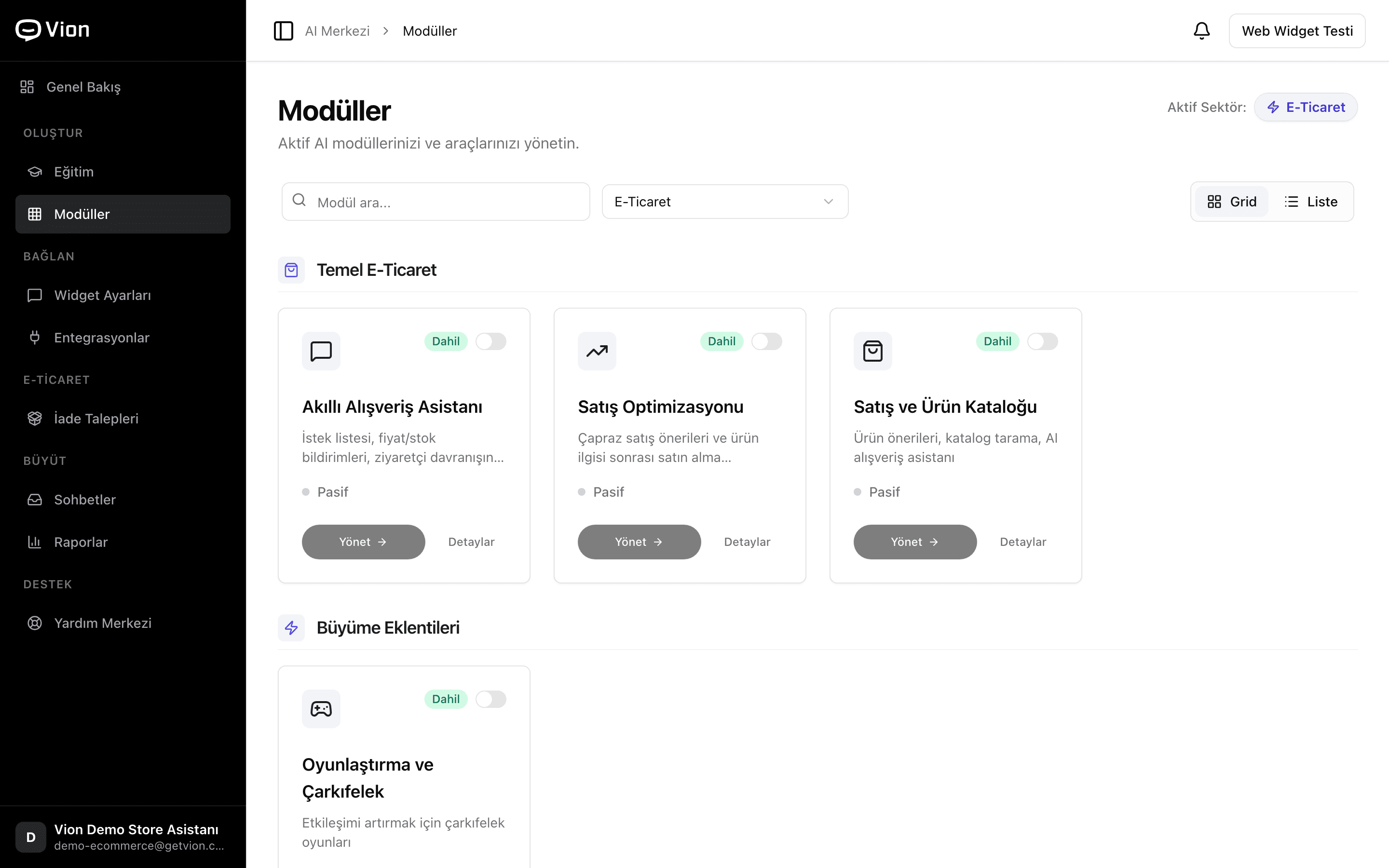 The Skills screen: modules listed inside the business's own account, filtered by the active sector and switched on one by one.