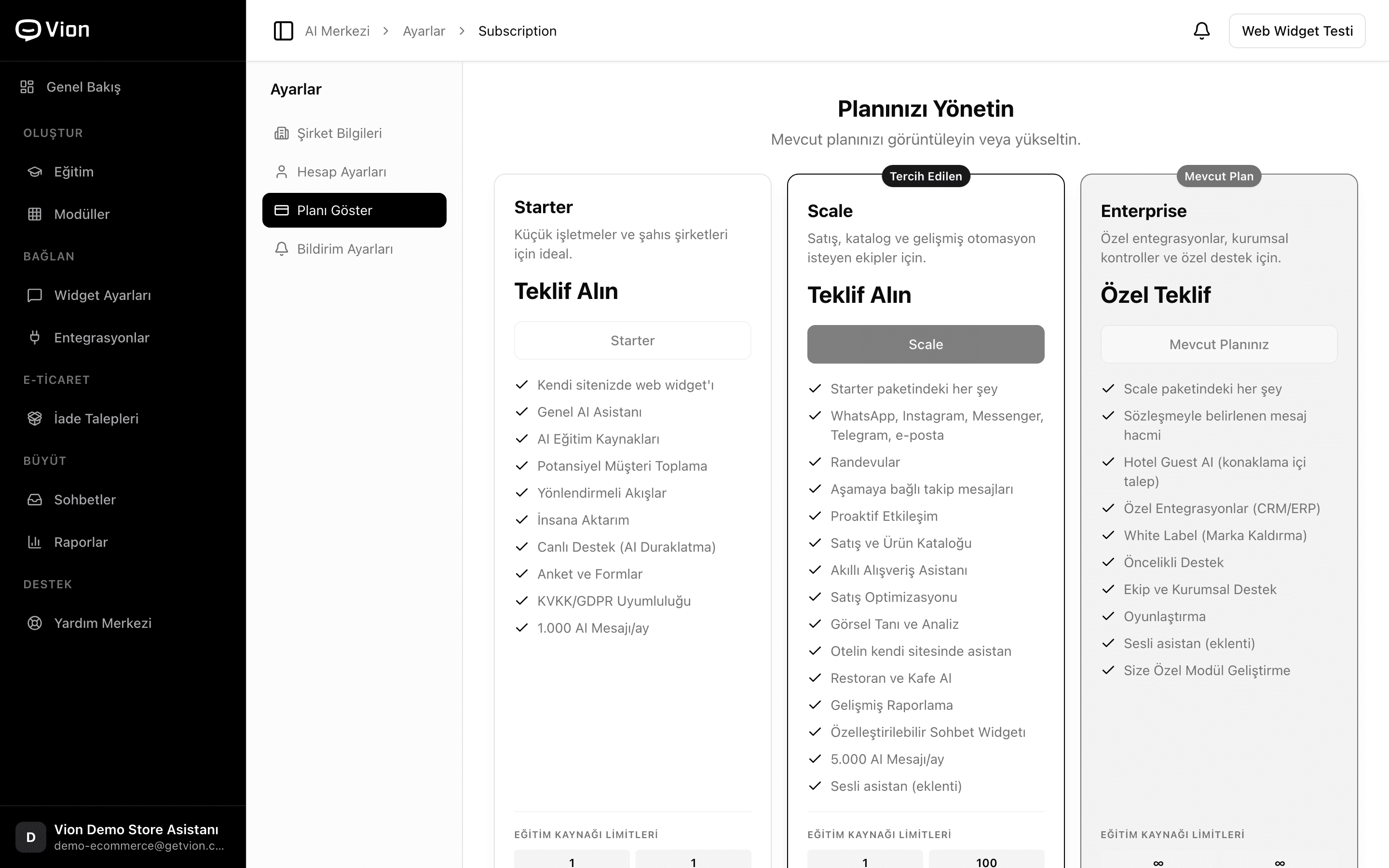 Plan ekranı: işletme kendi hesabından paketini görüyor, kapsamını karşılaştırıyor ve yükseltme için teklif istiyor.